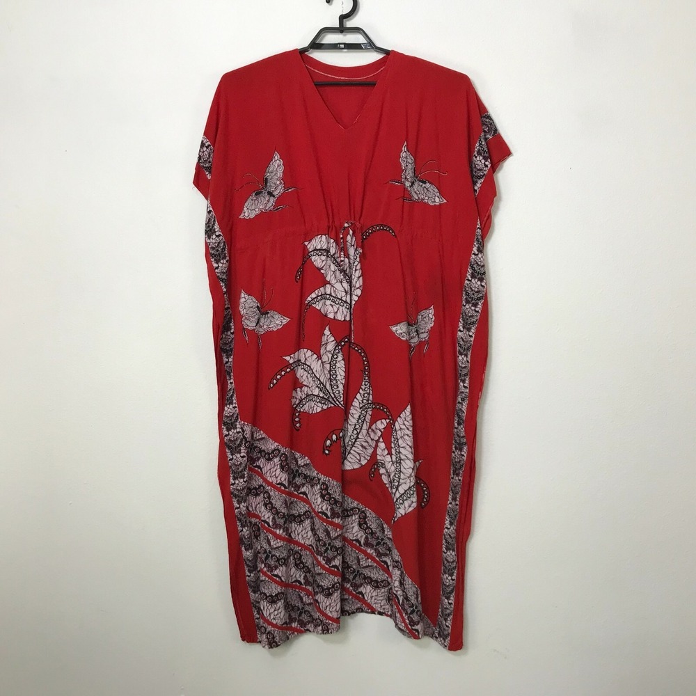 Distressed Vintage Butterfly Caftan Dress Womens Size M Red Rayon Midi Holes